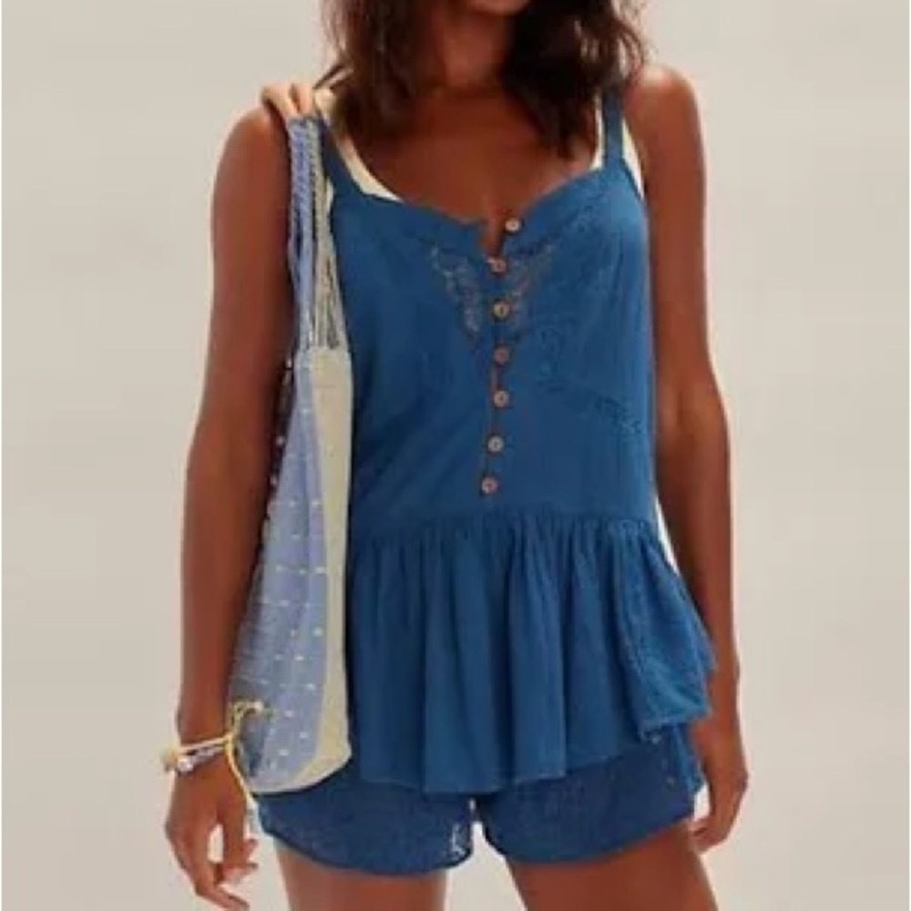 Free People Blue Button-Down Sleeveless Blouse